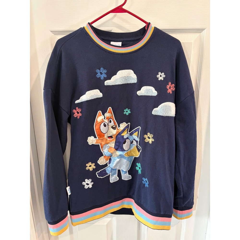 Bluey Bingo Womens Navy Blue Graphic Sweatshirt Rainbow‎ Trim Embroidery Size M